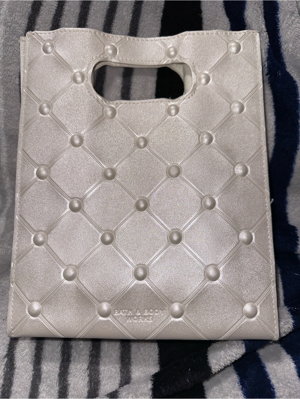 Metallic Quilted Tote with Cutout Handle - Silver bath and bodyworks